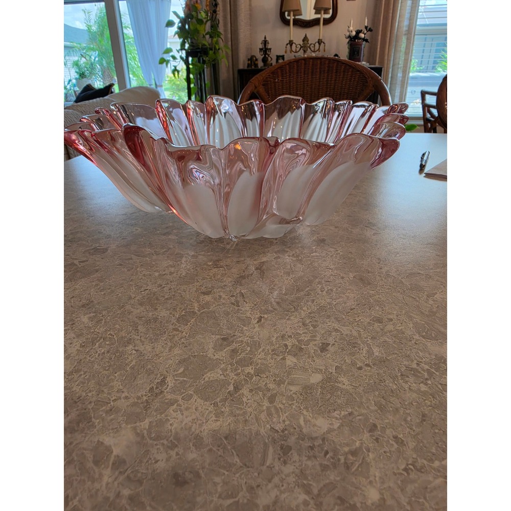 Vintage Pink Frosted Glass Tulip Centerpiece Bowl Scalloped Ruffled Edge 13.5"